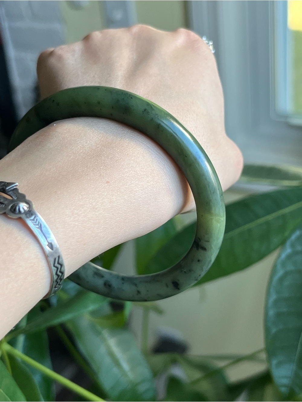Natural Green Nephrite Jade Bangle Bracelet, Dark Spinach Green ~60mm diameter